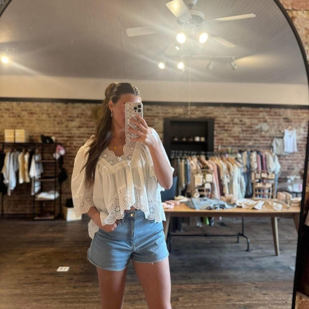 Boho White Eyelet Lace Peasant Blouse by